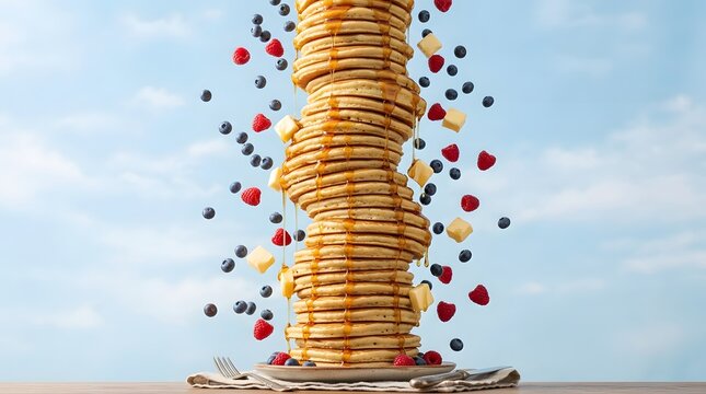 Deliciosa Torre de Panquecas com Frutas Vermelhas e Manteiga, Fotografada em uma Cozinha Iluminada, Fotografia Gastron&ocirc;mica, Del&iacute;cia Culin&aacute;ri