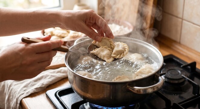 Woman cook preparing handmade dumplings in boiling water. Chef boiling dough with meat filling in metal pot on kitchen stove. Traditional homemade food cooking and culinary concept.
