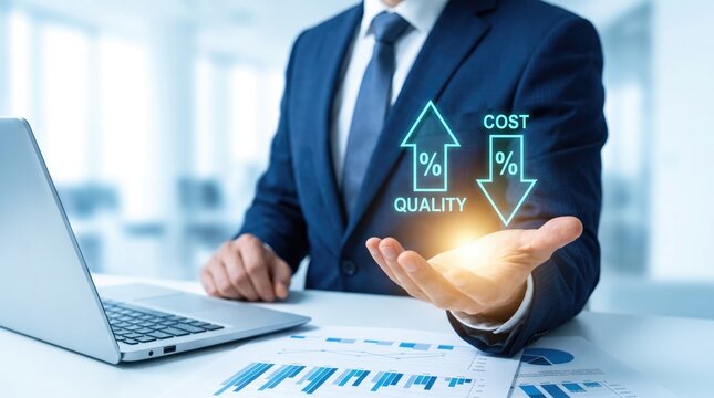 Business professional analyzing strategies to improve quality and reduce costs using digital holographic interface in modern office environment