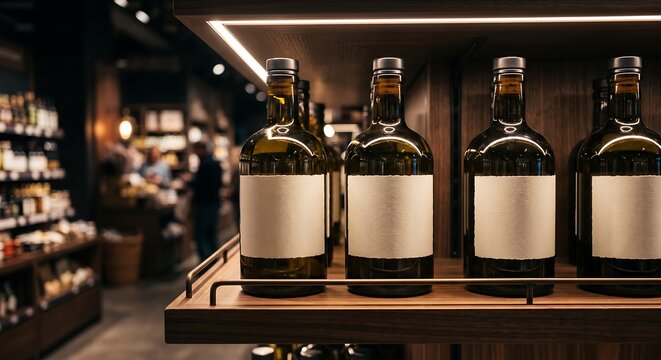 Bottles with blank labels on wooden shelf in liquor store. Alcohol drink display for sale. Beverage shop interior with glass containers. Retail marketing and product branding concept.
