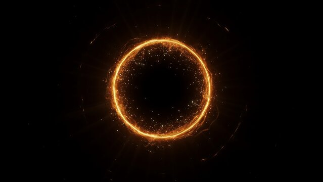 Glowing orange light ring with magical particles floating in a dark black space background