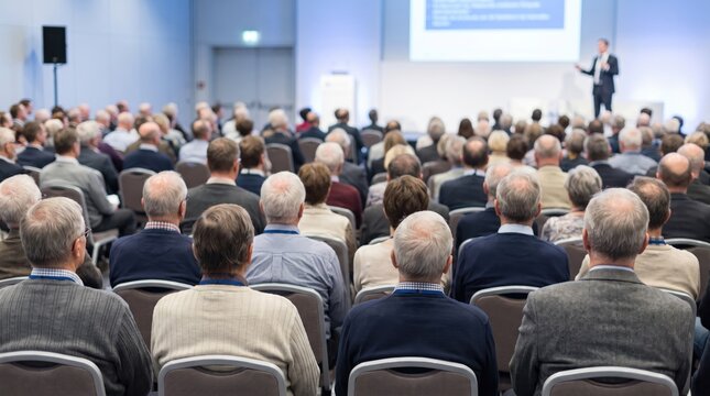 A large audience sitting in a conference hall listening to a speaker giving a professional business presentation