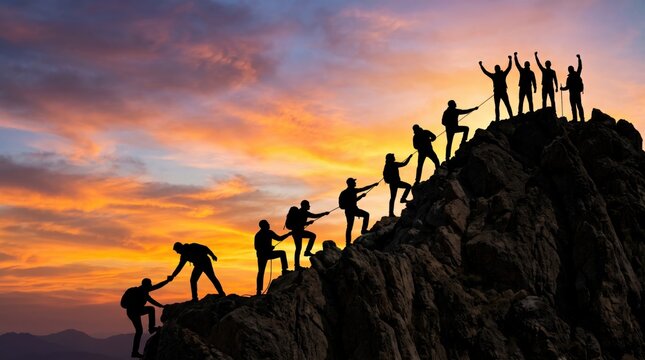 Silhouettes of people celebrating success on a mountaintop at sunset with colorful sky