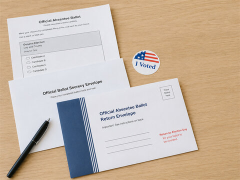 Official absentee voting materials with ballot application envelope booklet pen and i voted sticker arranged on a desk showing mail voting election preparation civic participation and voter access