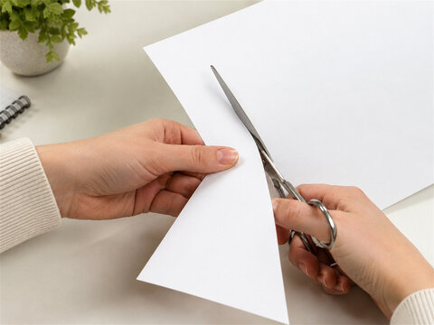 Hands cutting a sheet of white paper with metal scissors on a clean tabletop showing simple craft activity precise cutting handmade project preparation creativity and everyday stationery use