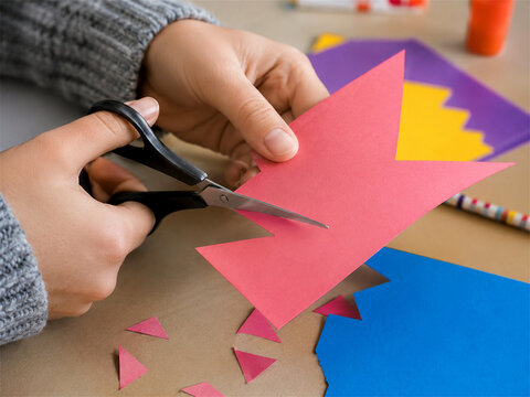 Hands using black scissors to cut bright pink paper into geometric shapes on a colorful craft table showing creative diy activity paper art classroom project and hands on making process