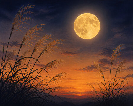 Tsukimi moon viewing scene with susuki grass at dusk