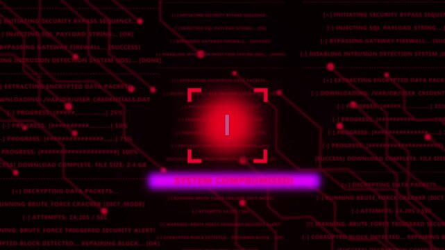 Cyber security alert system compromised warning sign with red digital circuit board background, and data breach, code processing for, network hacking protection, and information technology safety