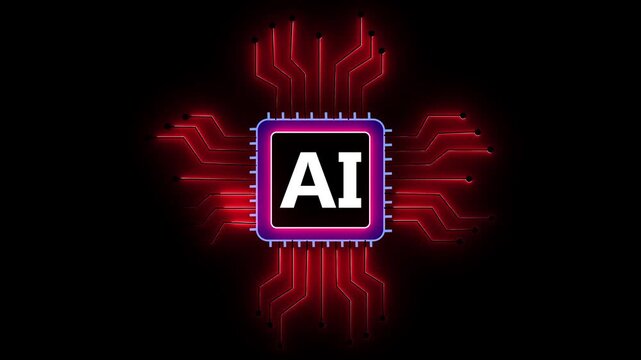 Abstract digital motion graphic showing artificial intelligence chip with glowing circuits and data connections in futuristic tech environment.
