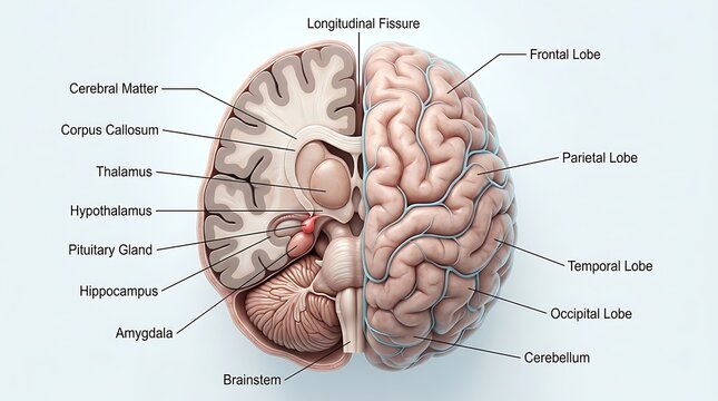 Cross section of human brain showing anatomical features and lobes with cerebrum