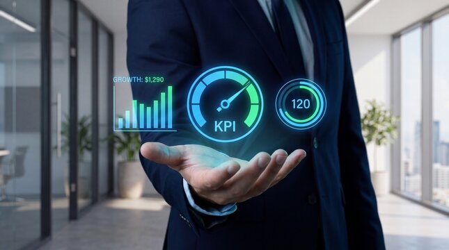 Businessman holding holographic kpi speedometer and growth chart in modern office