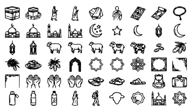 Eid al Adha Hajj Muslim Islamic Doodle Symbols Hand Drawn Vector Pack
