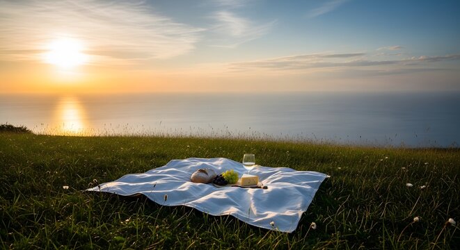 Romantic sunset picnic on a grassy hill overlooking the calm sea with wine and cheese