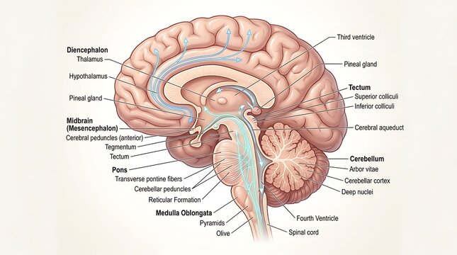 Anatomy diagram illustrating sagittal section of human brain structure