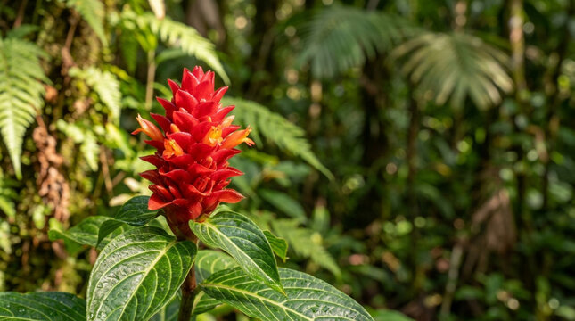 Vibrant red ginger flower blooming in lush tropical rainforest, exotic plant