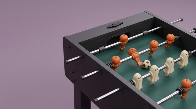 Halloween foosball table with ghost and pumpkin players playing a soccer match game