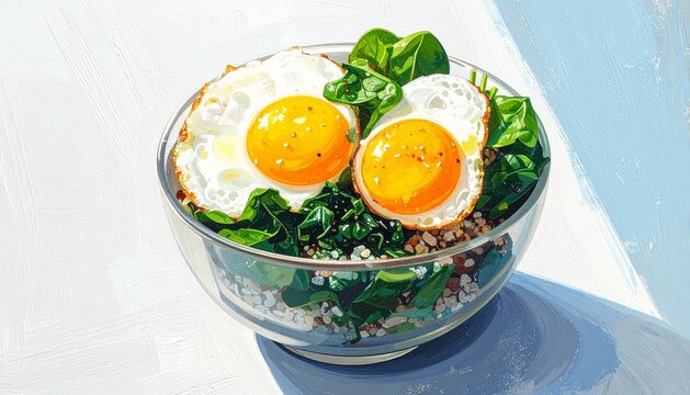 Nutritious breakfast bowl featuring fresh eggs and spinach, representing a healthy, protein-rich meal for a balanced morning diet.