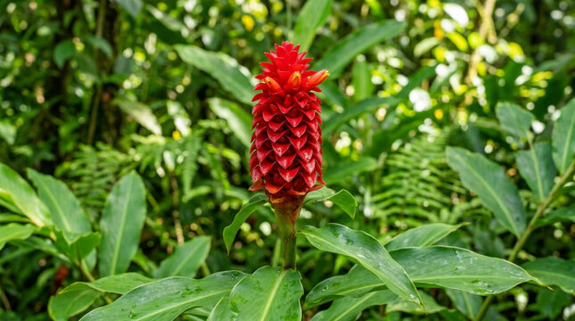 Vibrant red ginger flower in lush green tropical foliage, closeup view