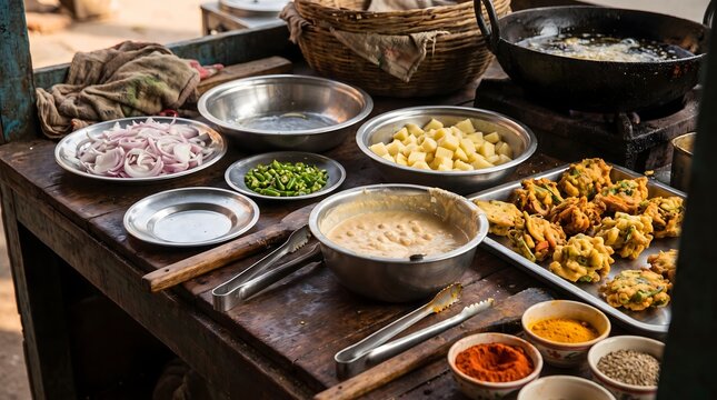Photorealistic South Asian street food preparation.