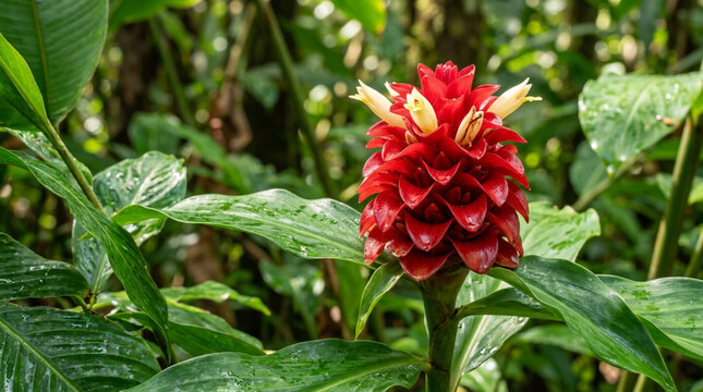 Vibrant Red Ginger Flower in Lush Green Tropical Forest