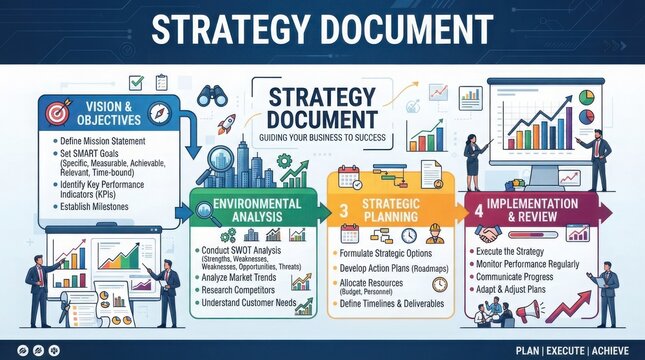 Business Strategy Document Infographic with Charts and Icons