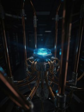 Glowing blue quantum computer processor chip with copper cooling pipes in advanced supercomputer laboratory