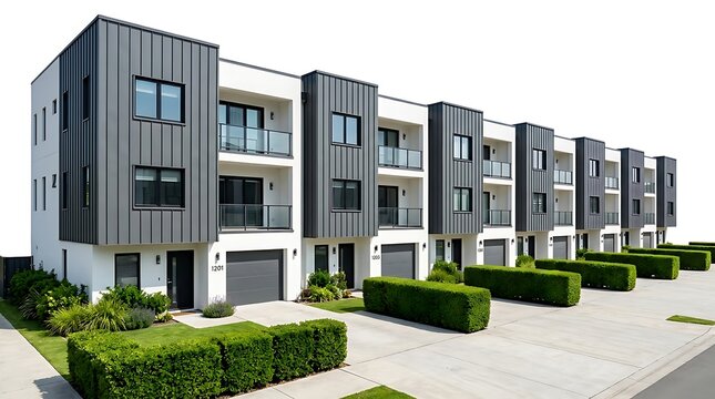 Modern multistory townhouse complex with dark metal siding and white stucco exterior, isolated on white background