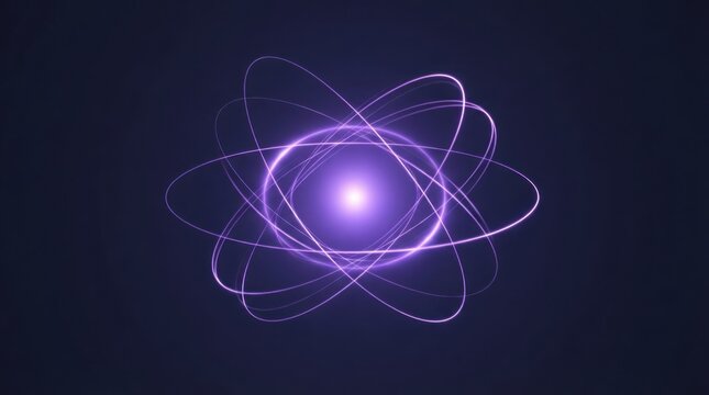 Abstract glowing violet atom model with orbiting light particles