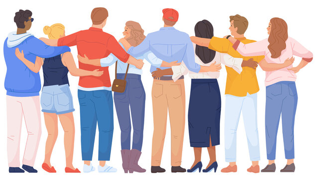 Diverse group of young friends standing together with arms around each other from behind, unity and friendship vector illustration