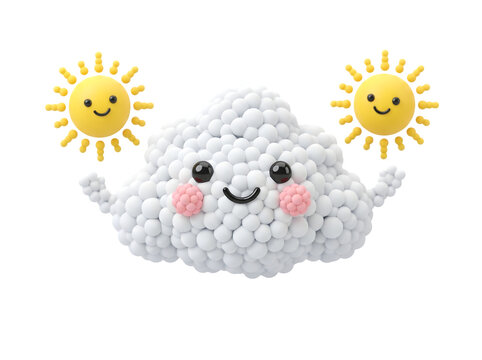 Cute cartoon cloud character with two happy suns isolated on transparent background
