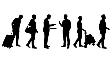 Obraz premium Silhouettes of people with luggage at the airport vector illustration