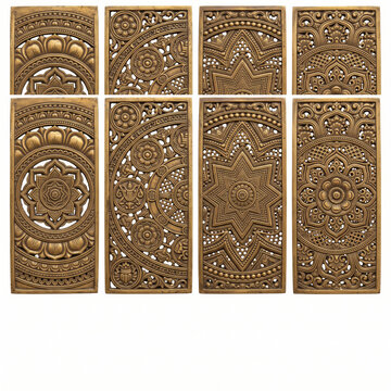 Four geometric jali panels with circular medallions, star motifs, and intricate openwork patterns