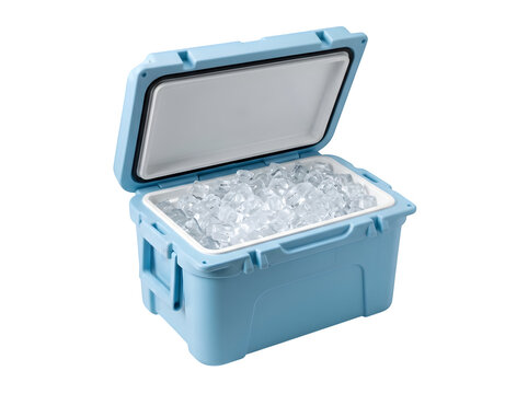 Open blue portable cooler filled with ice cubes isolated on transparent background