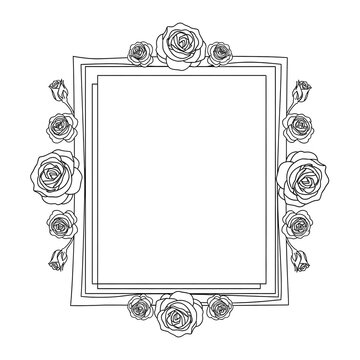 Minimalist roses vector frame with hand drawn line art flowers