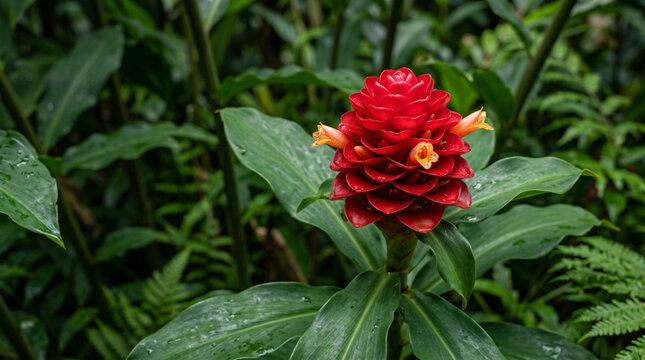 Vibrant tropical red ginger flower with green leaves in natural light