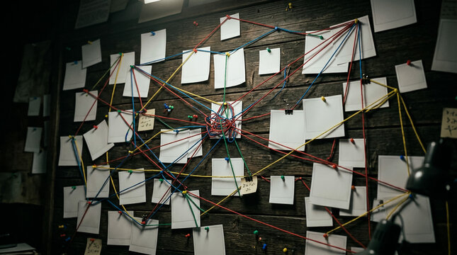 Detective investigation board with blank paper notes connected by red and blue string lines