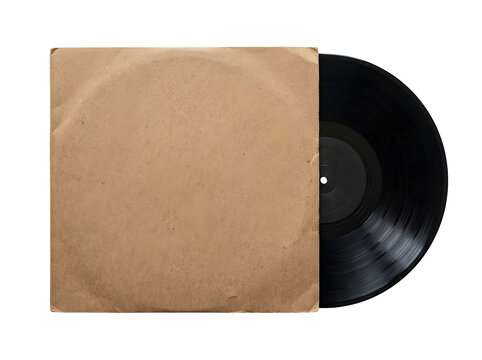 Vintage black vinyl record inside a brown paper sleeve isolated on transparent background
