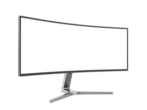 Modern ultra wide curved computer monitor with blank white screen isolated on transparent background
