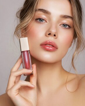Woman holding rose mauve hydrating lip oil glossy juicy makeup creamy eyeshadow bloom K-Beauty luxury fashion autumn beauty portrait