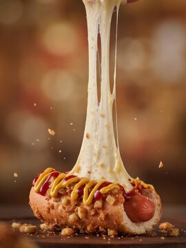 Cheesy Korean Hot Dog with Potato Topping, Mustard, Ketchup and Melted Cheese Pull