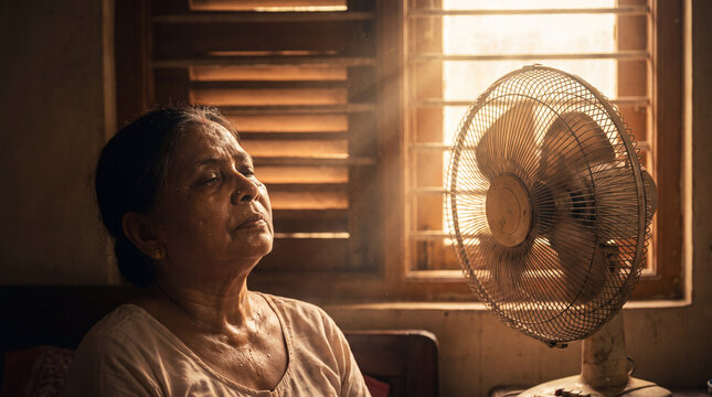 Woman Seeking Relief from Heat: An elderly woman sits near a window with blinds, a fan blowing air towards her face as she appears to be sweating and trying to cool down from the intense heat.