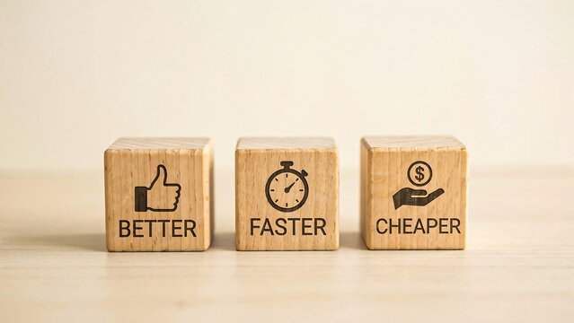 Business strategy concept showing better, faster, and cheaper options for improved performance
