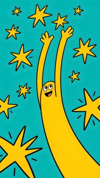 Vertical Playful Character Stretching Exaggerated Arms Hand Drawn Stars Editorial Vector Illustration