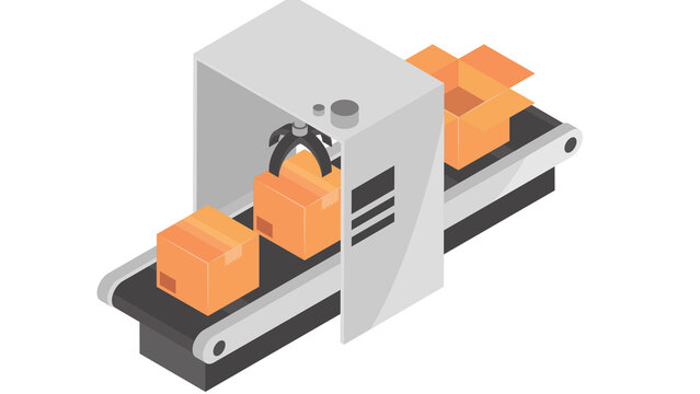 Automated packaging line with robotic arm packing boxes on conveyor belt, warehouse and logistics isometric vector illustration