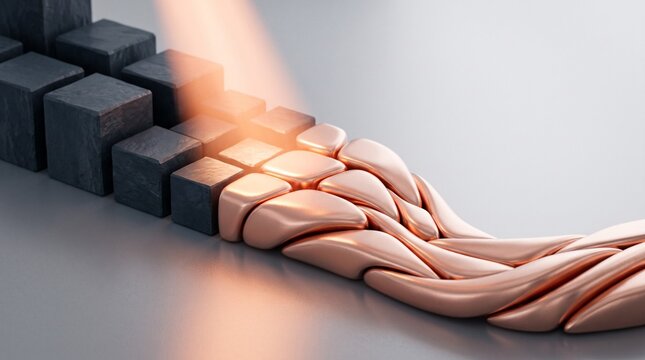 Macro 3D render of rigid dark geometric blocks dynamically morphing into a new, flowing, seamless copper formation under focused light, conceptual metaphor  agile pivot, and organizational change.