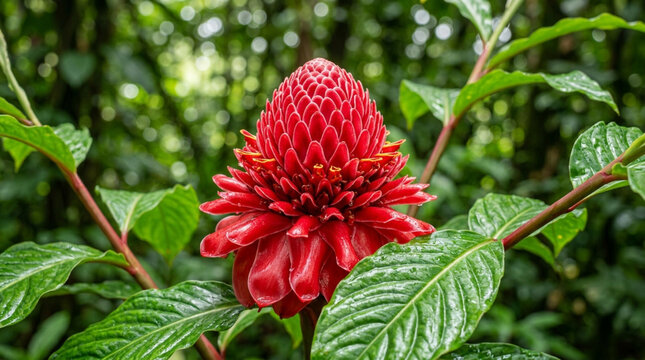 Vibrant red ginger flower blossom with lush green foliage, tropical plant detail