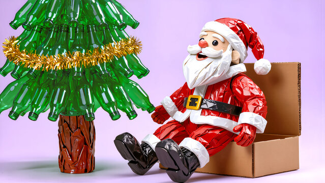 Creative Santa Claus figurine made from crumpled paper sitting in a cardboard box beside an upcycled green glass bottle Christmas tree against a light purple background with copy space.