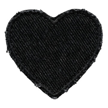 Black heart shaped fabric patch with embroidery texture isolated on transparent background