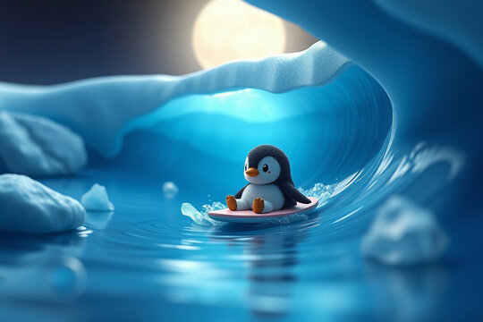 3d render of a penguin on a surfboard. Cute penguins Surfing art