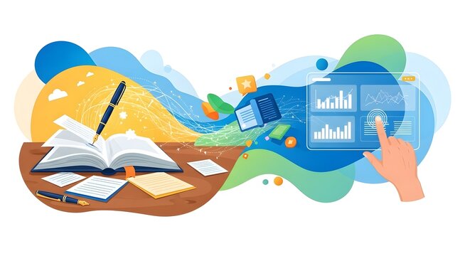 Visualizing the evolution of knowledge, from traditional learning through books and writing to modern digital data analysis and interactive technology